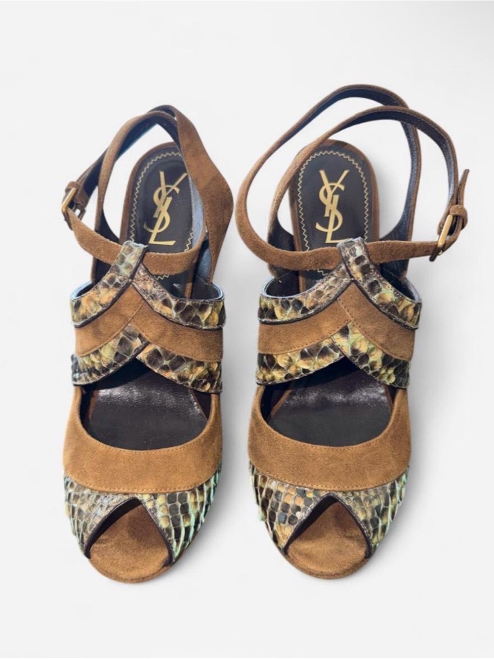 Yves Saint Laurent Brown Suede & Python-Print Slingback Heels